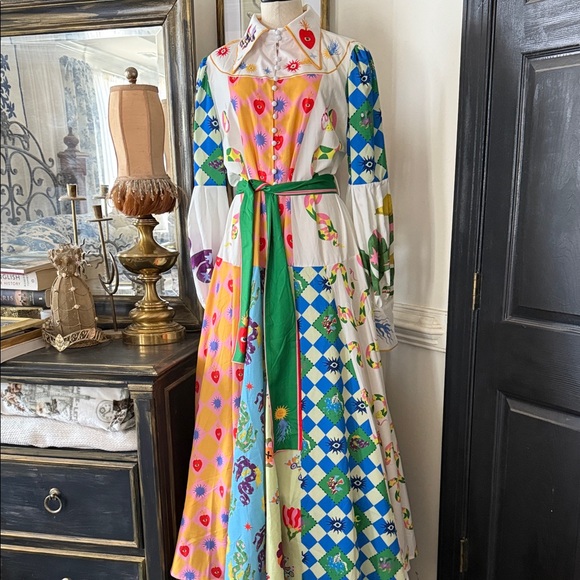 2 Bohemian Patchwork Maxi Dresses with Green Sash - Picture 8 of 15